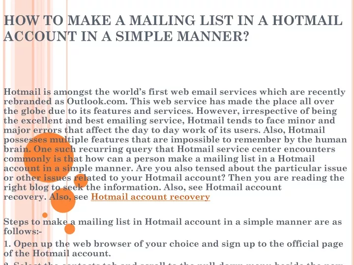 how to make a mailing list in a hotmail account in a simple manner
