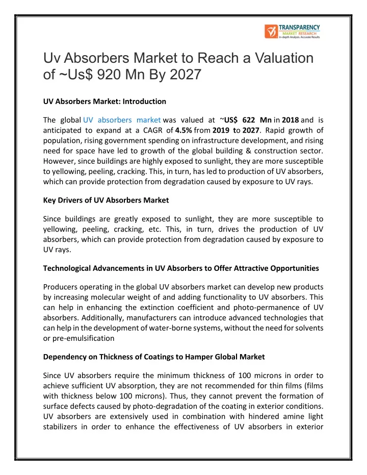 uv absorbers market to reach a valuation