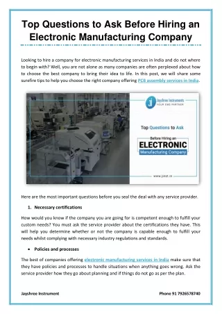 Top Questions to Ask Before Hiring an Electronic Manufacturing Company