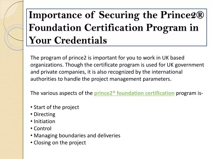 importance of securing the prince2 foundation certification program in your credentials