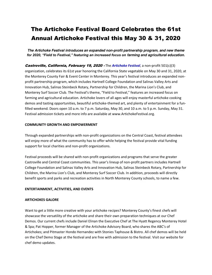 the artichoke festival board celebrates the 61st
