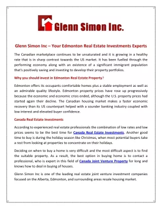 Glenn Simon Inc – Your Edmonton Real Estate Investments Experts