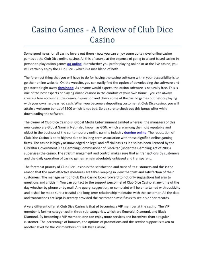 casino games a review of club dice casino