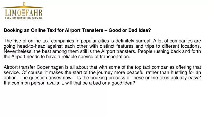 booking an online taxi for airport transfers good