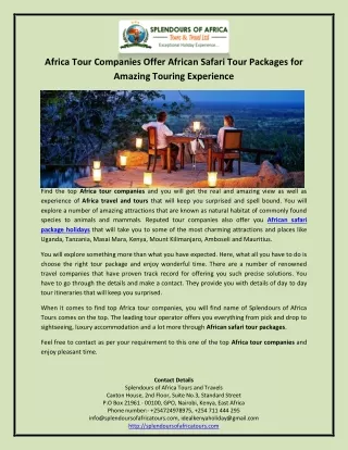 Africa Tour Companies Offer African Safari Tour Packages for Amazing Touring Experience