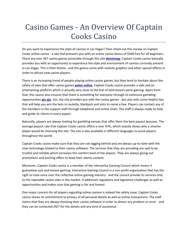 casino games an overview of captain cooks casino