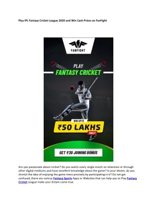 Play FanFight IPL Fantasy League Cricket 2020 and Win Cash Big