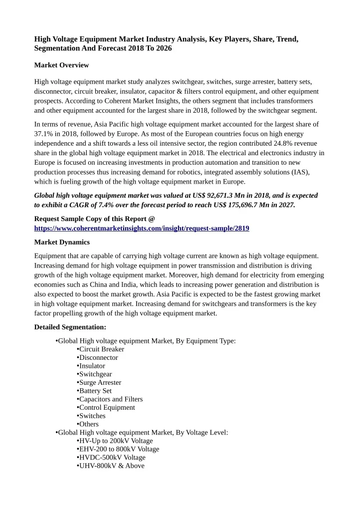 high voltage equipment market industry analysis