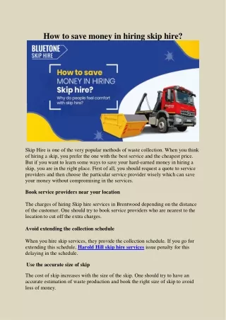 How to save money in hiring skip hire?