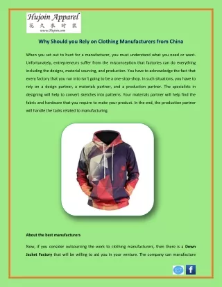 Why Should You Rely On Clothing Manufacturers from China