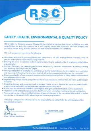RSC Safety, Health, Environmental & Quality Policy
