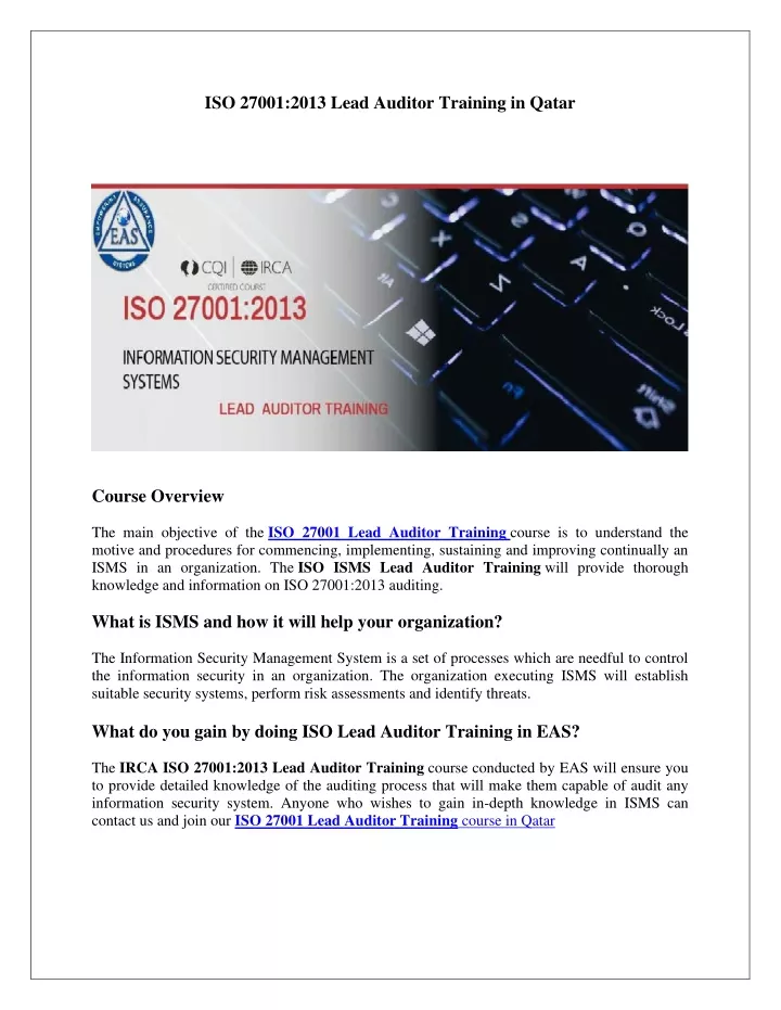 iso 27001 2013 lead auditor training in qatar