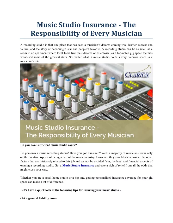 music studio insurance the responsibility