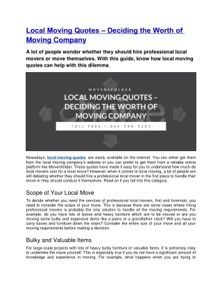 local moving quotes deciding the worth of moving