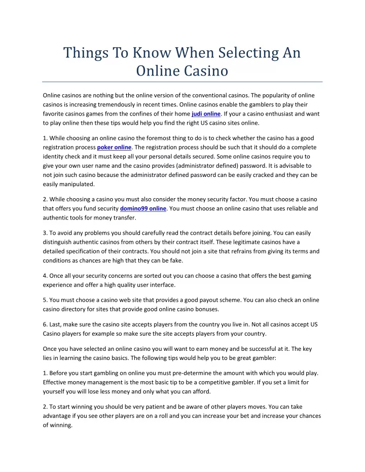 things to know when selecting an online casino