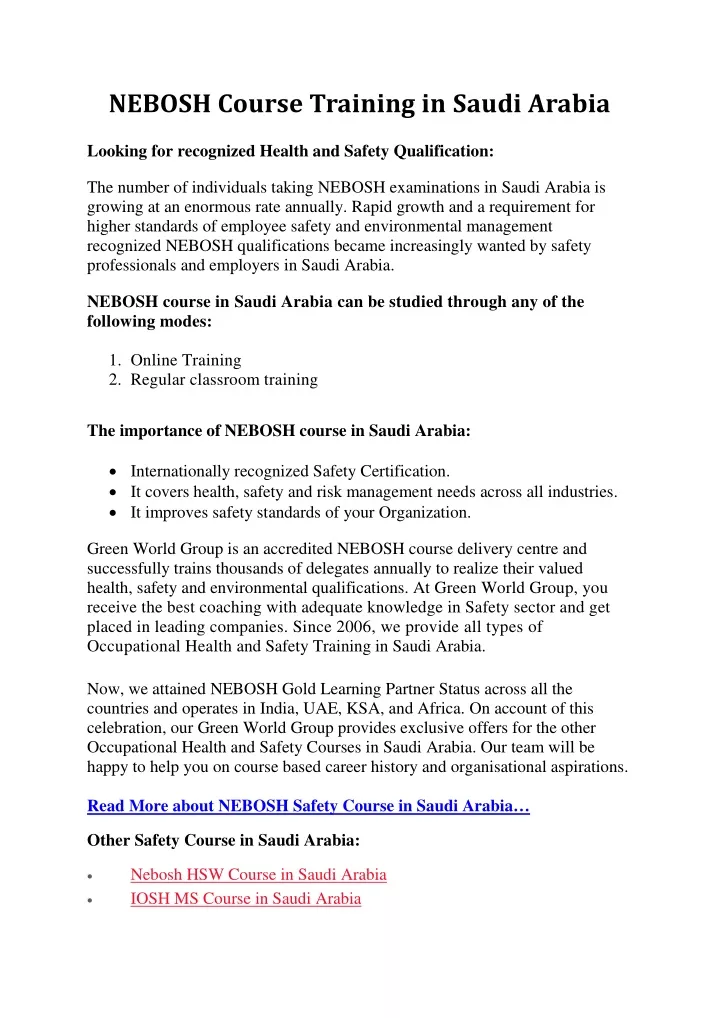 nebosh course training in saudi arabia