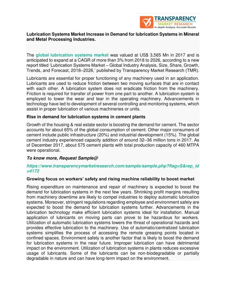 lubrication systems market increase in demand