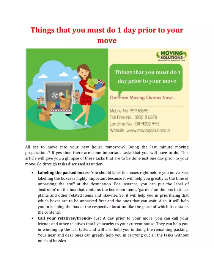 things that you must do 1 day prior to your move