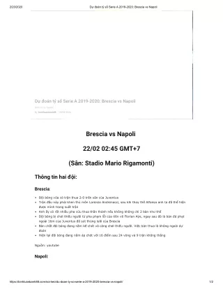 Dự đoán tỷ số Serie A 2019-2020: Brescia vs Napoli