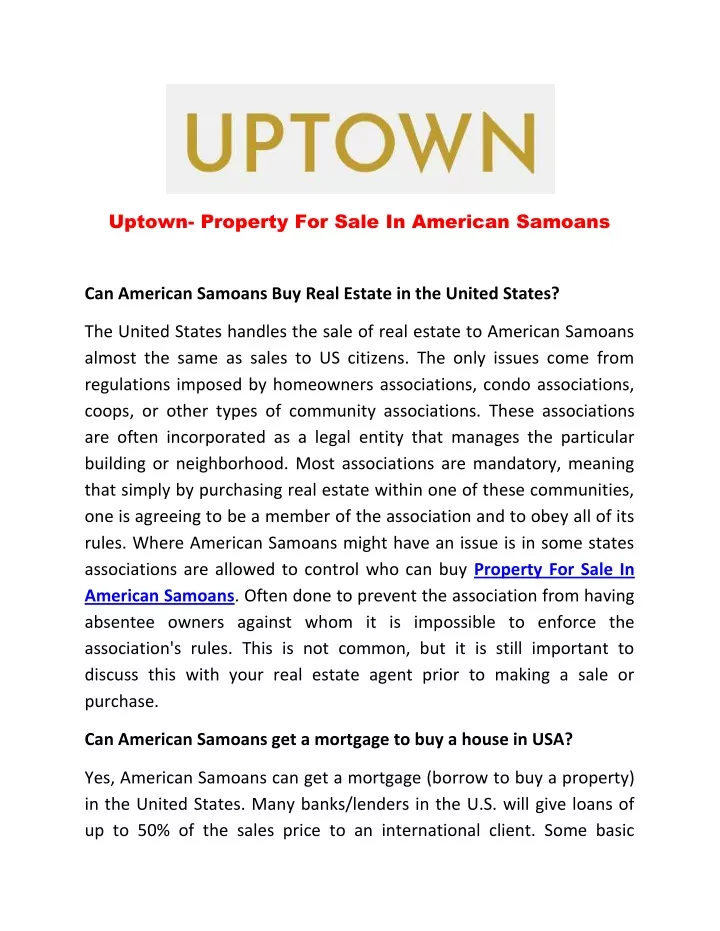 uptown property for sale in american samoans