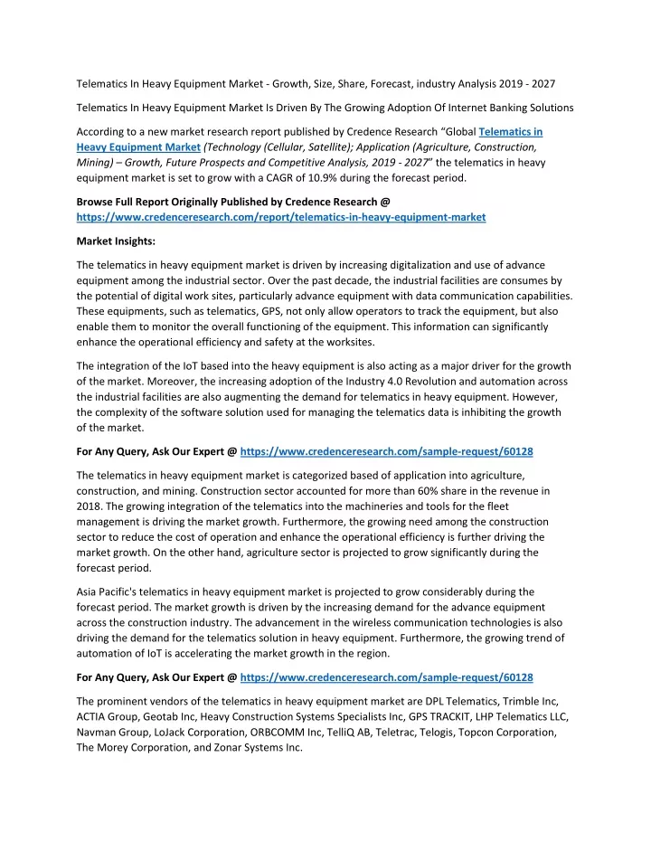 telematics in heavy equipment market growth size