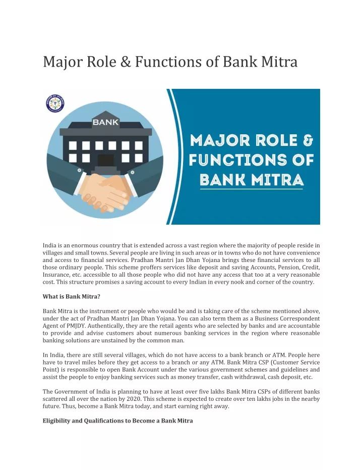 major role functions of bank mitra