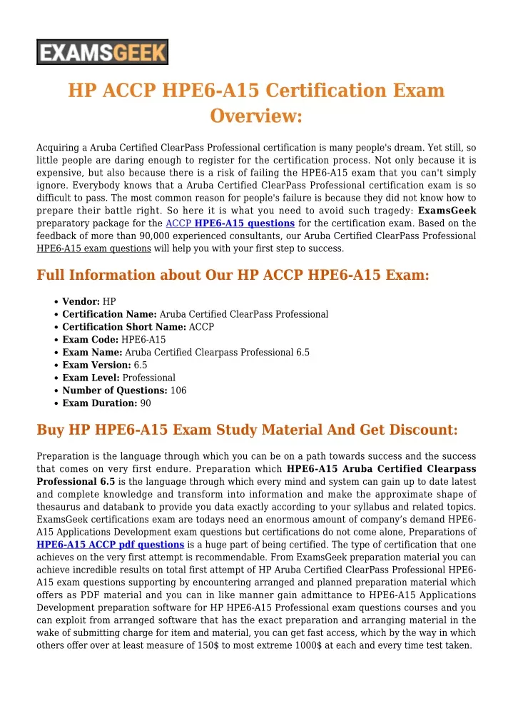 hp accp hpe6 a15 certification exam overview