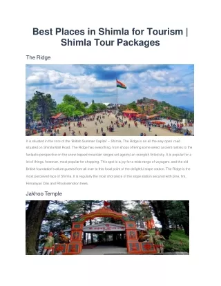 8 Best Places in Shimla for Tourism