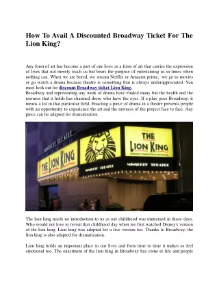 How To Avail A Discounted Broadway Ticket For The Lion King?