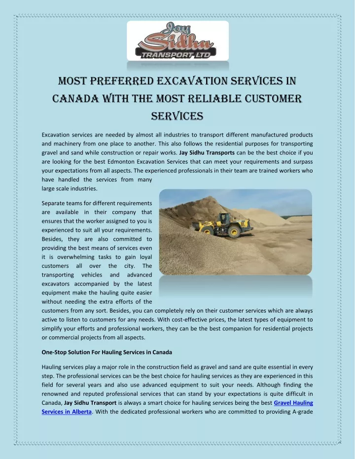 most preferred excavation services in canada with