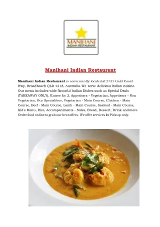 5% Off - Manihani Indian Restaurant - Takeaway Broadbeach,QLD