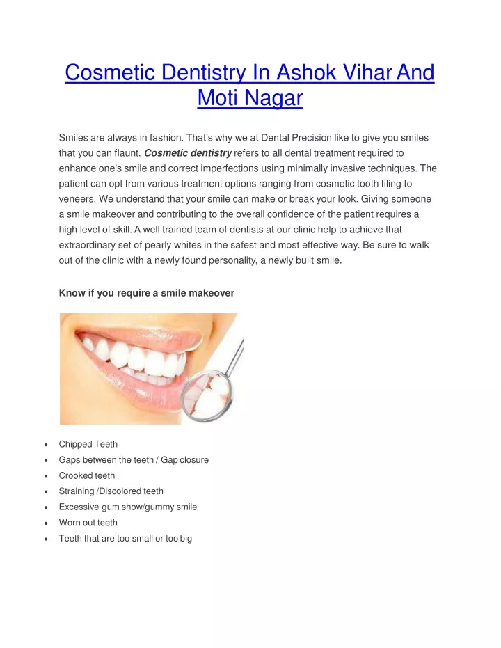 cosmetic dentistry in ashok vihar and moti nagar