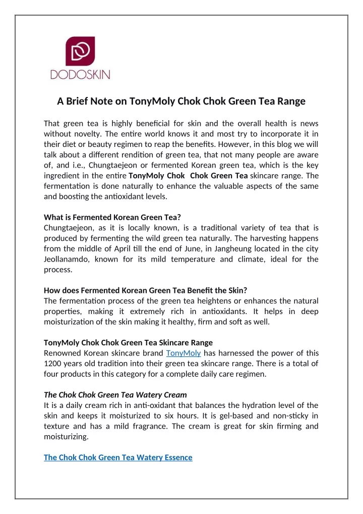 a brief note on tonymoly chok chok green tea range