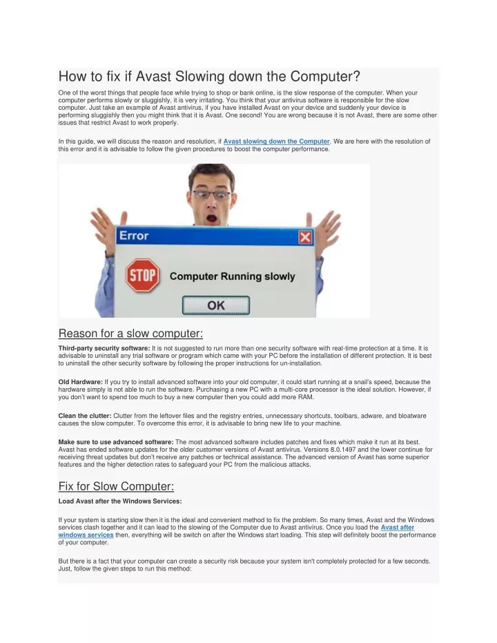 how to fix if avast slowing down the computer
