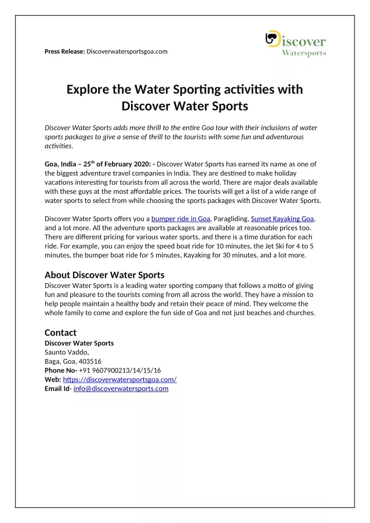 press release discoverwatersportsgoa com