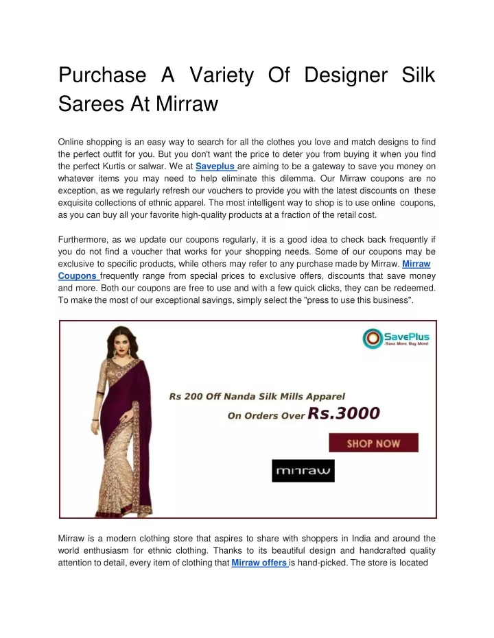purchas e a variet y o f designe r sil k sarees at mirraw