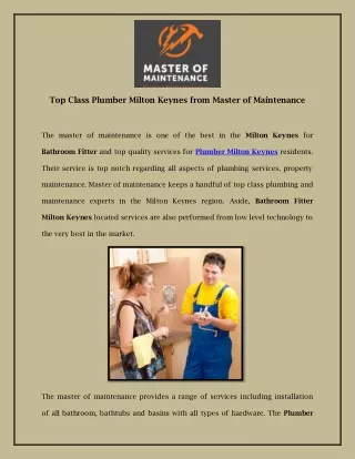 Top Class Plumber Milton Keynes from Master of Maintenance