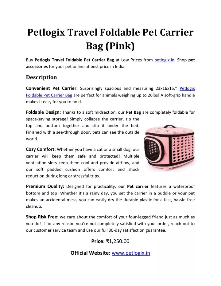 petlogix travel foldable pet carrier bag pink