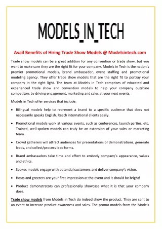 Avail Benefits of Hiring Trade Show Models @ Modelsintech.com