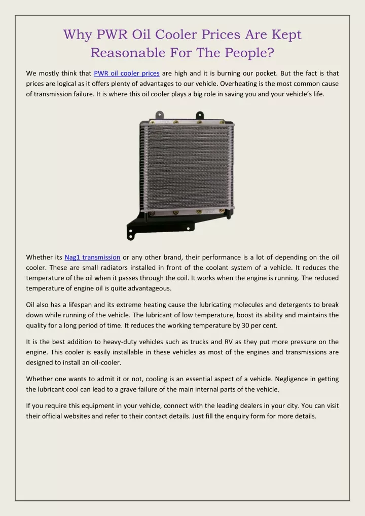 why pwr oil cooler prices are kept reasonable