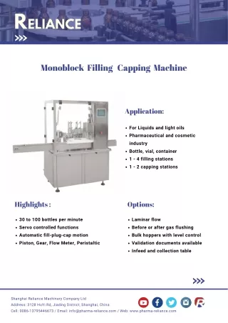 Monoblock liquid filling and capping machine, bottling equipment , Reliance