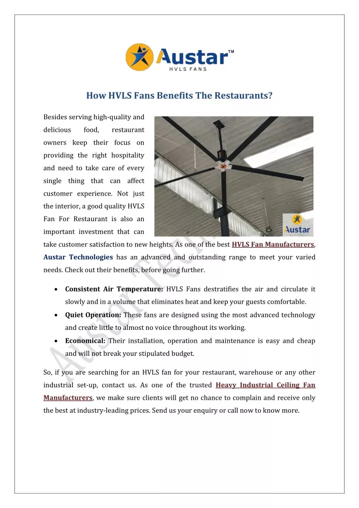 how hvls fans benefits the restaurants