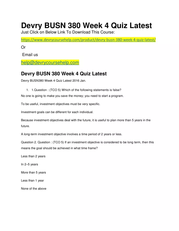 devry busn 380 week 4 quiz latest just click