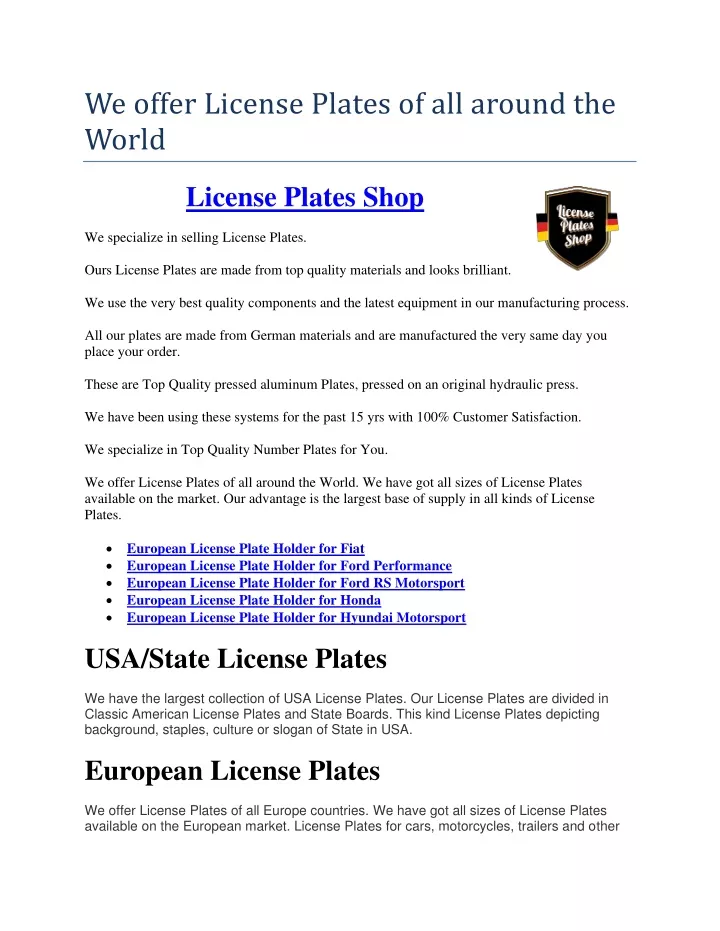 we offer license plates of all around the world