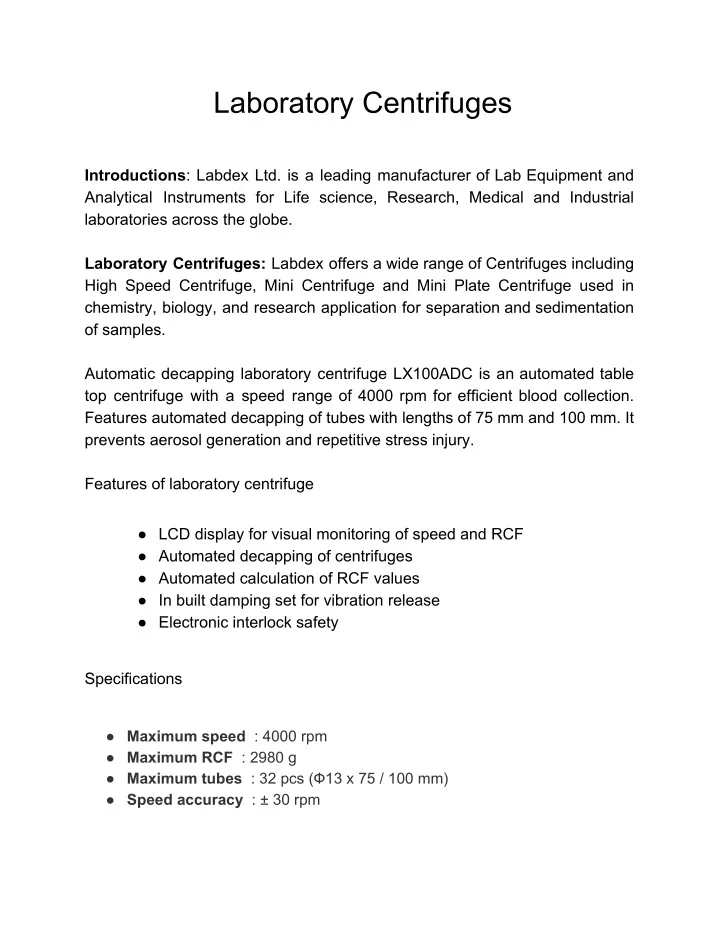 laboratory centrifuges introductions labdex