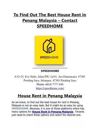 Contact SPEEDHOME And Finding The Best House To Rent in PJ RM2000 Per Month