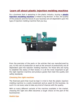 learn all about plastic injection molding machine