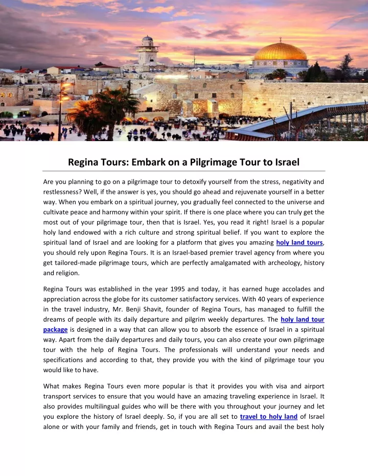 regina tours embark on a pilgrimage tour to israel