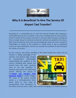Why It Is Beneficial To Hire The Service Of Airport Taxi Transfer?
