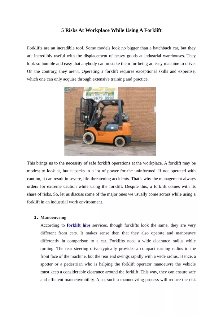 5 risks at workplace while using a forklift